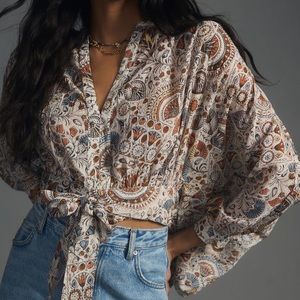 Anthropologie Tie-Front Blouse Neutral Motif Print